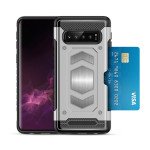 Wholesale Galaxy S10e Metallic Plate Case Work with Magnetic Holder and Card Slot (Silver)